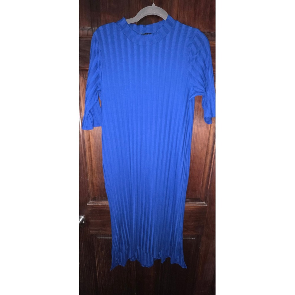 Eileen Fisher Royal Blue Ribbed Mock Neck Midi Dress Medium